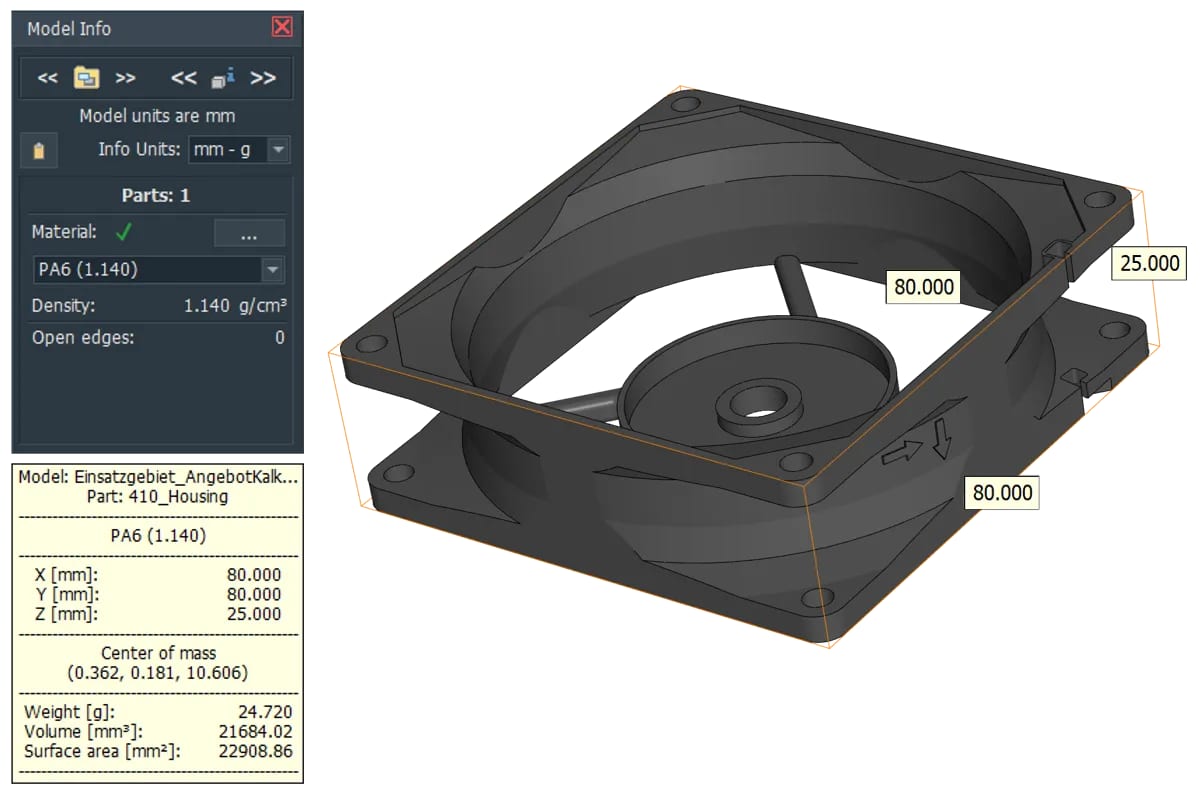 Model Info for a closed STEP model of a fan housing in 3D-Tool Advanced V17