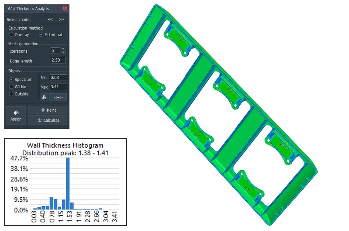 Wall thickness analysis of a plastic housing in 3D-Tool Premium V17 with color spectrum and histogram