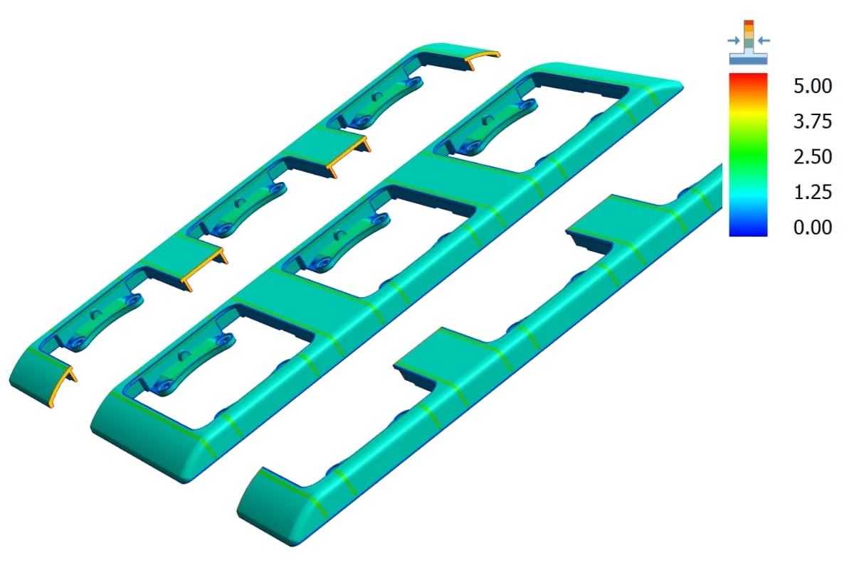 Wall thickness analysis shown as a heatmap on a molded CAD part