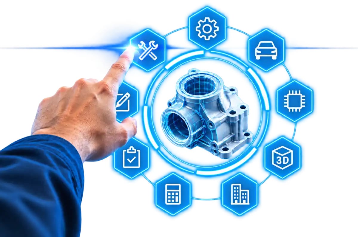 3D component surrounded by symbols for industries and technical workflows