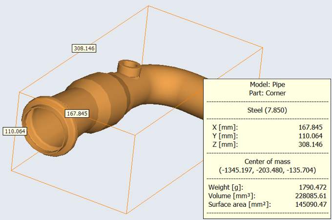 3D-Tool provides dimensions, surface area, volume, weight and center of mass of parts and assemblies