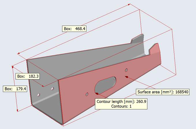 The 3D-Tool CAD viewer calculates areas, contour lengths and the minimum bounding box