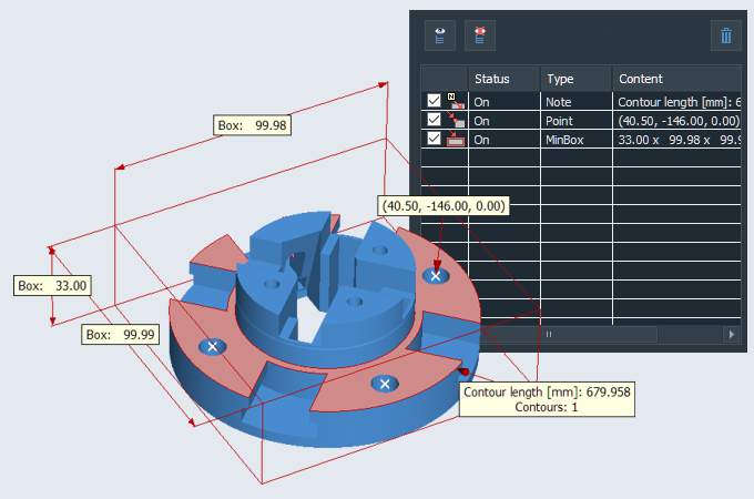 The 3D-Tool viewer provides dimensions, weight and center of mass for parts, assemblies and models