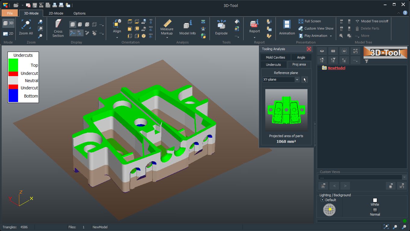 3D-Tool Tooling Analysis shows undercuts and projected area