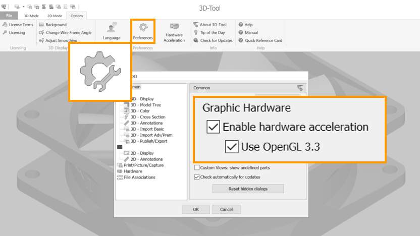 Activation of the hardware acceleration in the 3D-Tool CAD Viewer