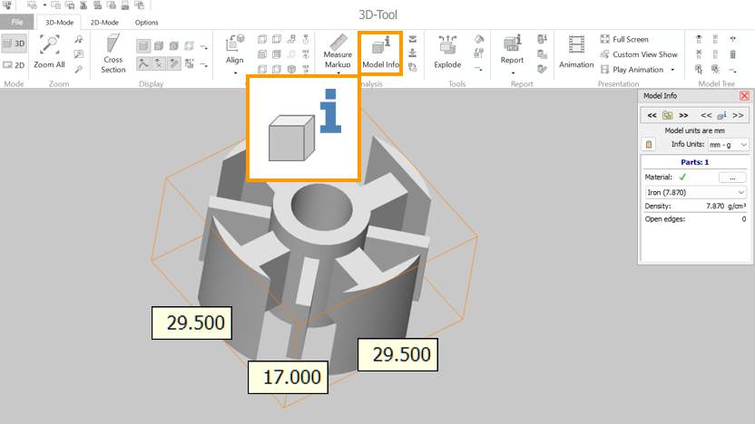 Volume, surface, dimensions and weight of 3D CAD parts