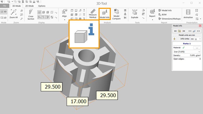 Volume, surface, dimensions and weight of 3D CAD parts