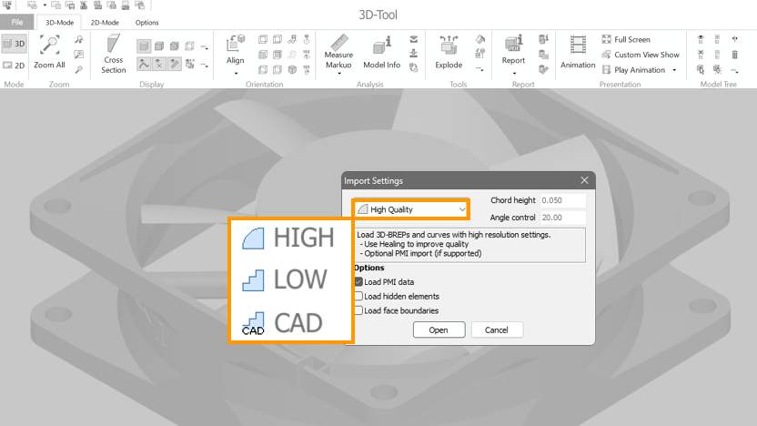 The import settings of the 3D-Tool CAD viewer and converter