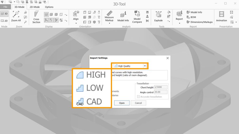 The import settings of the 3D-Tool CAD viewer and converter